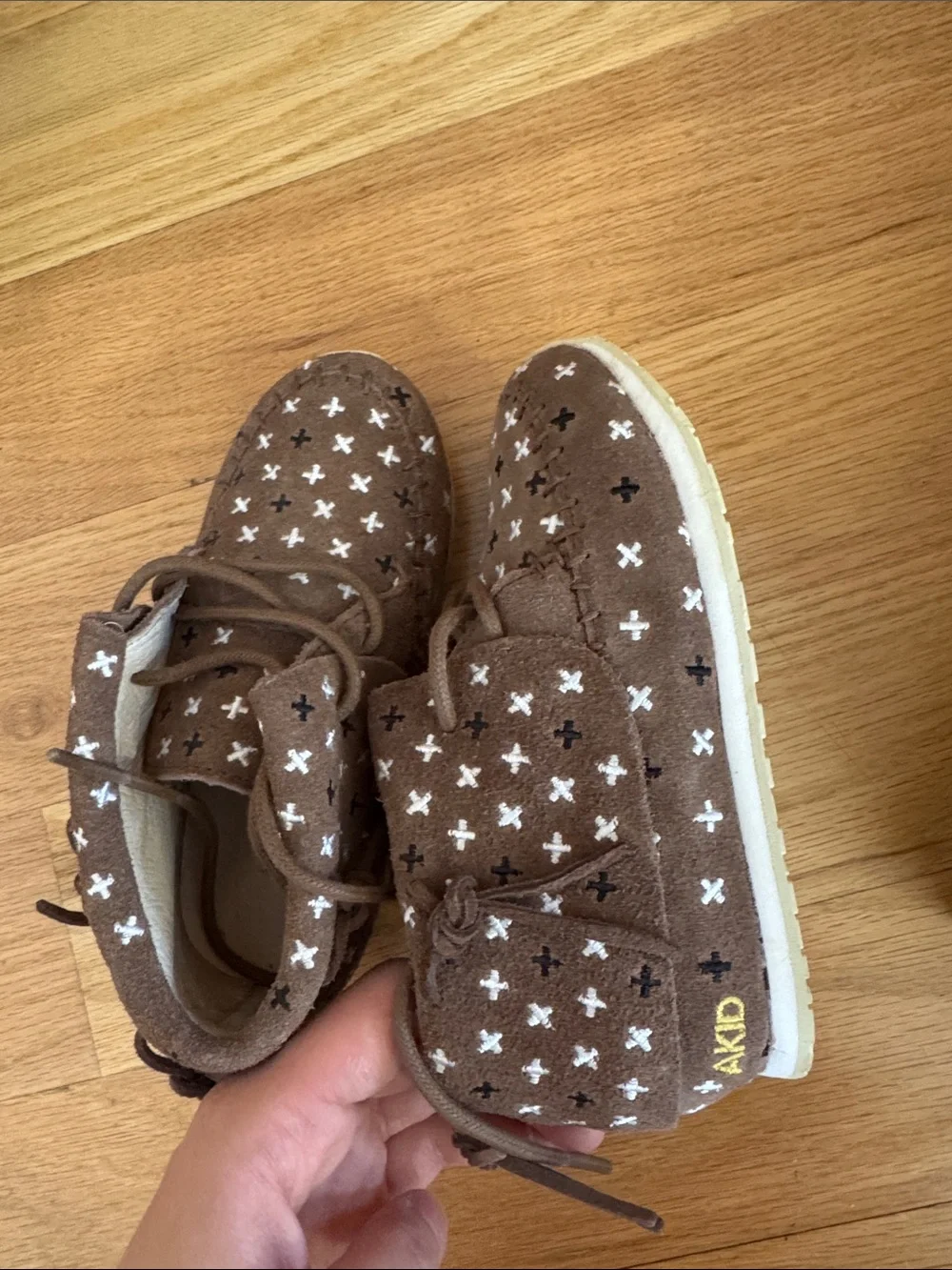 Kids Brown Suede Lace-Up Shoes with White and Black Cross Embroidery